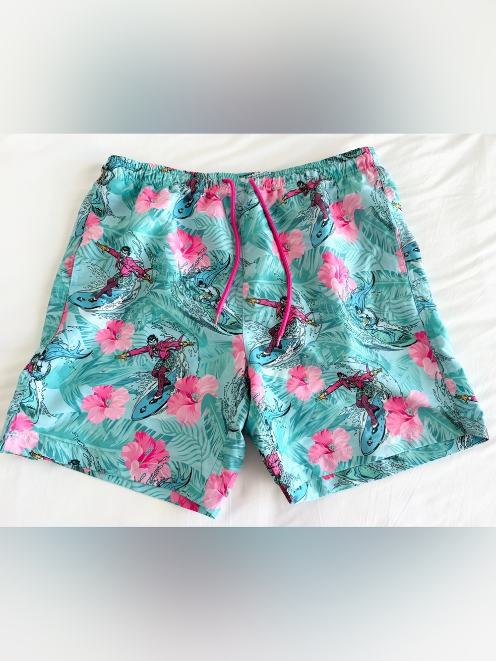 Batman The Joker Surfing Swim Trunk Board Shorts Men's Large Blue DC Floral